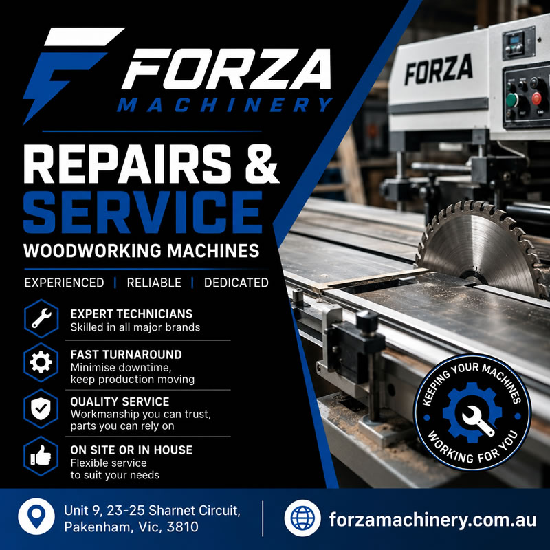 Forza Machinery technician repairing woodworking machinery during a machine breakdown